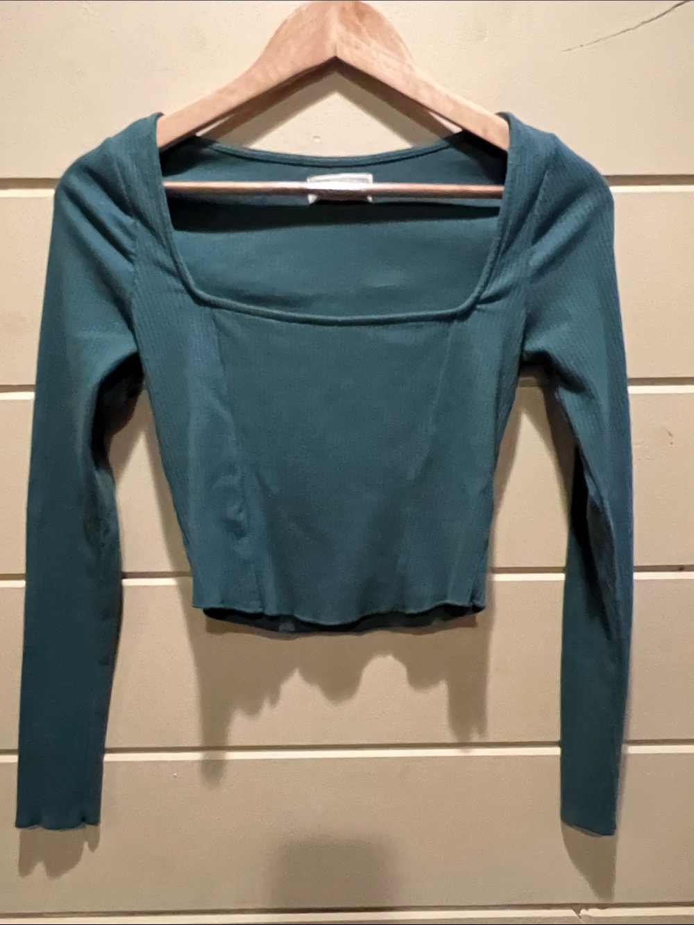 Urban Outfitters Teal Square-Neck Ribbed Long-Sleeve Crop Top
